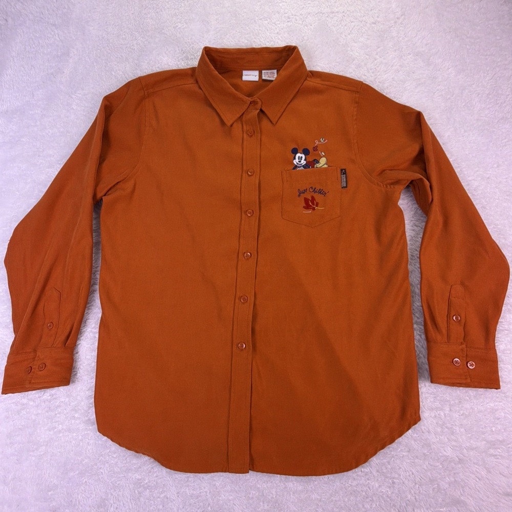 VTG Disney Mickey Mouse Pumpkin Orange 'Just Chillin' Women's XL Button Up Shirt